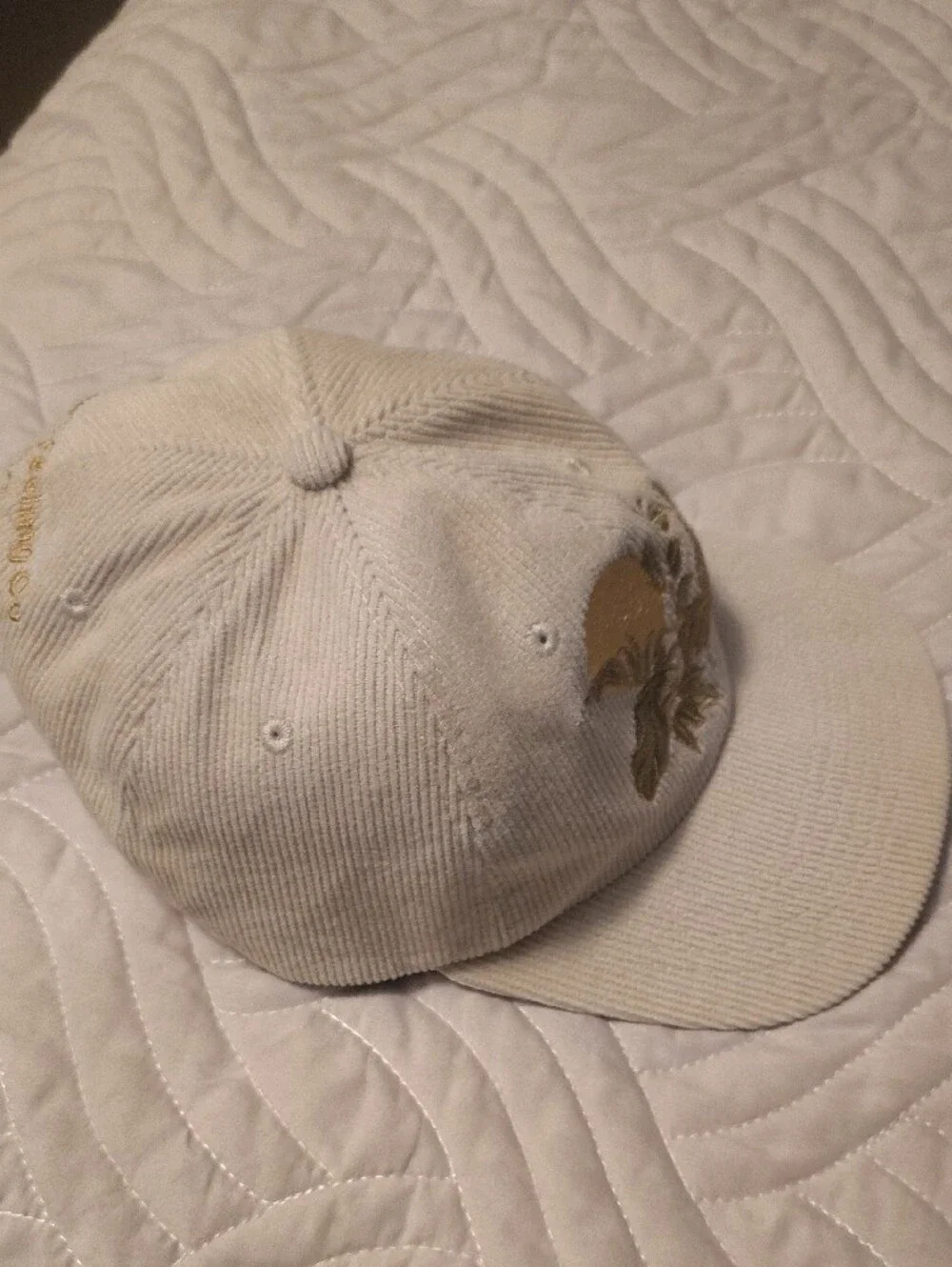 Embroidered Cream Corduroy Baseball Cap with Sun & Leaves Streetwear